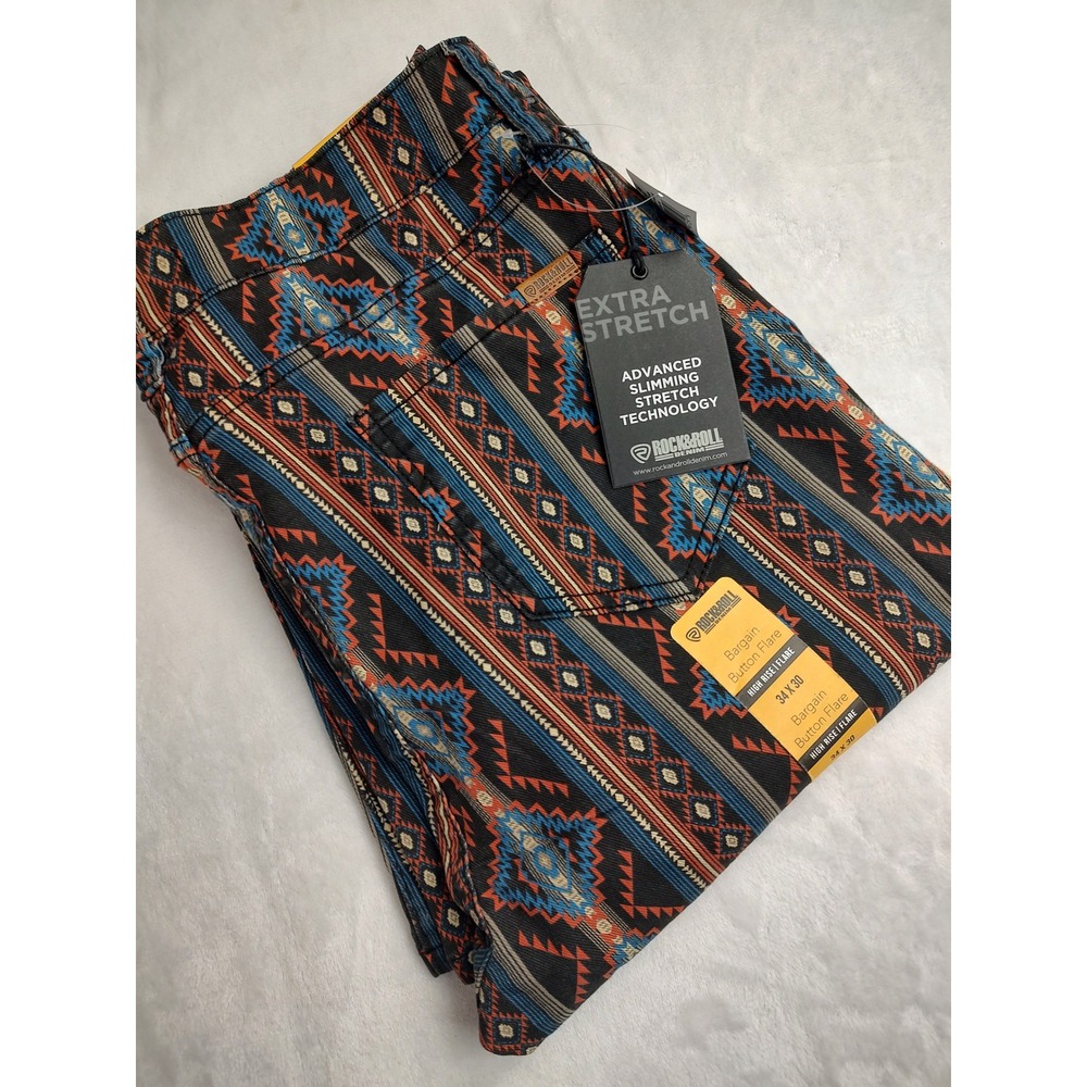 Rock & Roll Denim Bargain Button‎ Flare Jeans Women's 34x30 Extra Stretch Aztec
